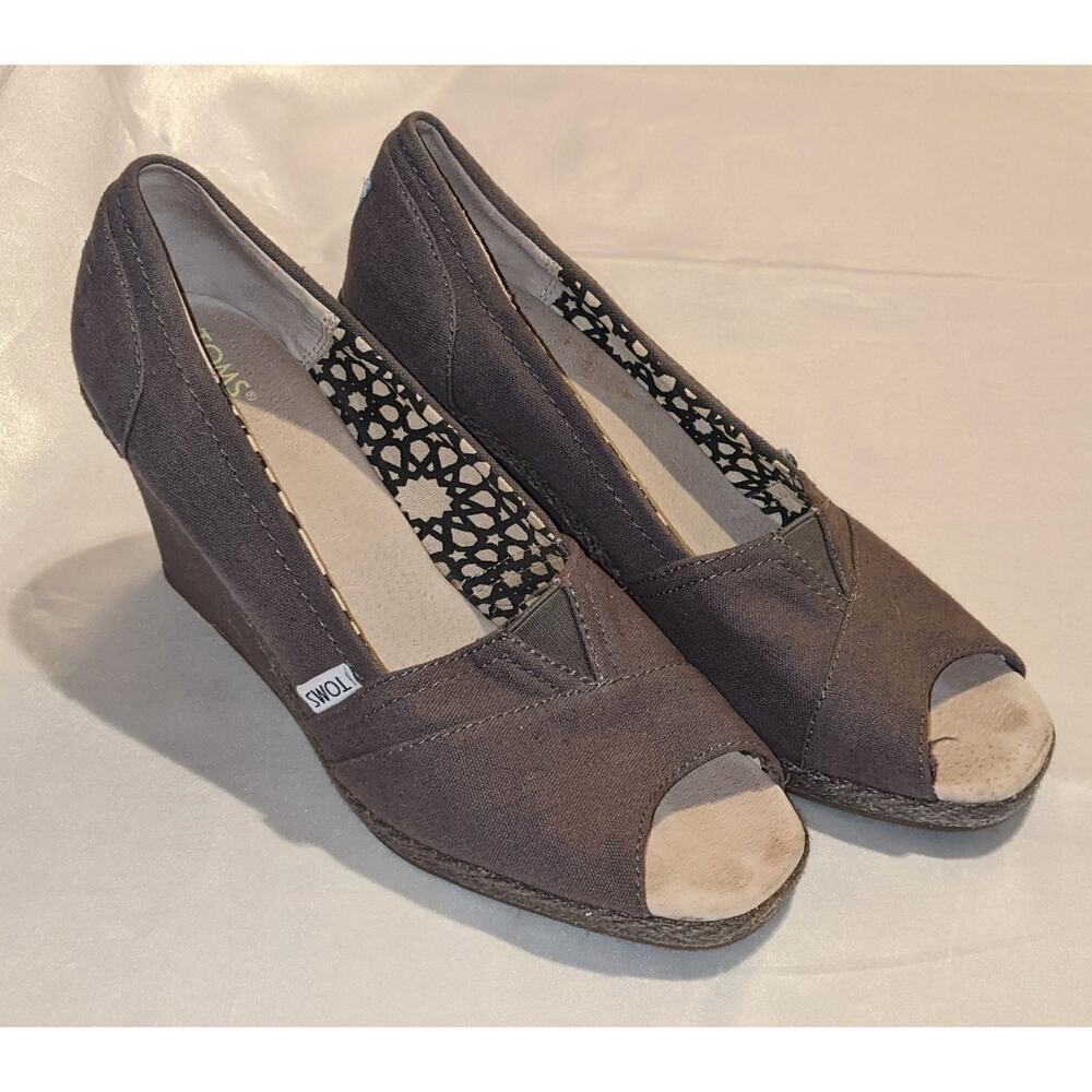 TOMS Women's Espadrille Wedge Heels Open Toe Ash Gray Canvas Shoes Size 9.5 - Picture 1 of 8